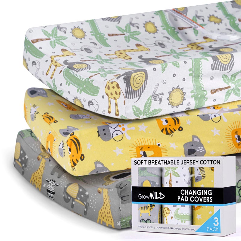 GrowWILD GROW WILD Changing Pad Cover 3 Pack | Soft & Stretchy Jersey Cotton | Baby Changing Table Pad Cover | Diaper Changing Pad Covers for Girls and Boys (Animals & Safari) - Image 1
